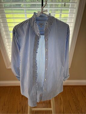 Crown & Ivy Blue and White Striped Ruffle-Trim Women’s Shirt